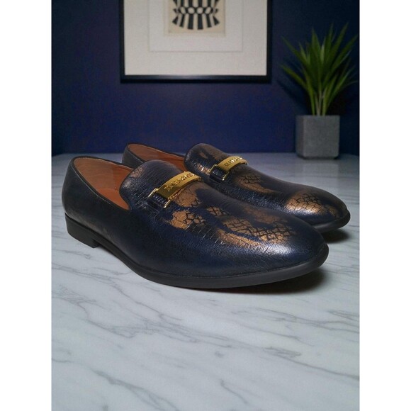 ELANROMAN Men's Loafers Blue Gold Leather Wedding Party Dress Shoes Size 47 EUC - Picture 1 of 13